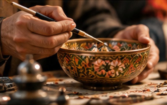 Hands painting a decorated papier-mâché bowl