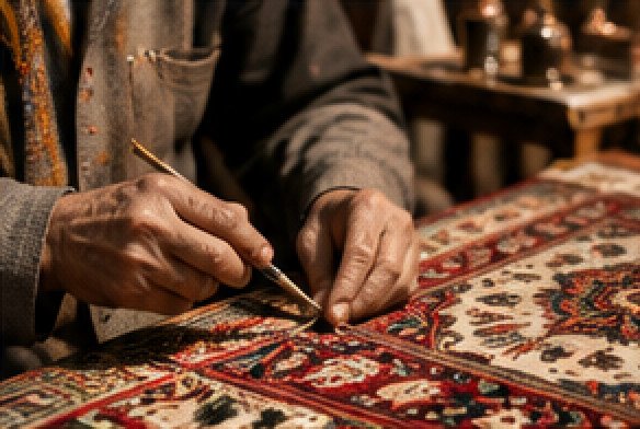 An artisan working on a patterned Kashmiri carpet